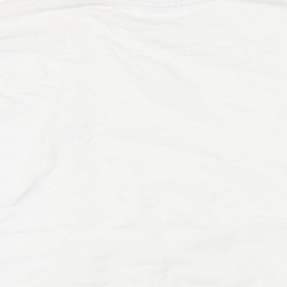 Brand and care label for ASOS women’s white polyester pullover sweatshirt, size L