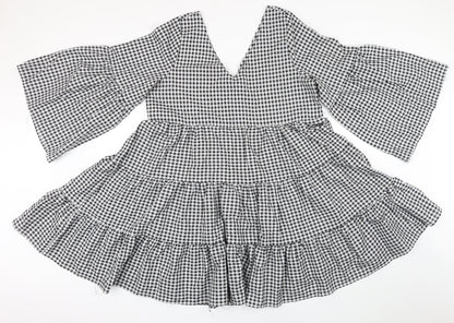 Boohoo Womens Black Gingham Polyester A-Line Size 12 V-Neck