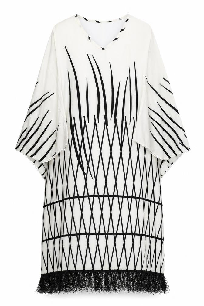 Moosta Womens Ivory Geometric Polyester Kaftan One Size V-Neck