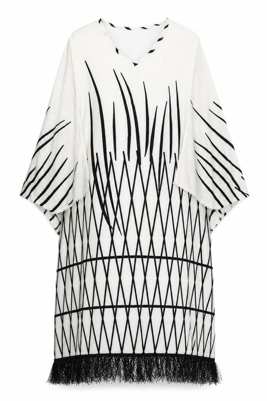 Moosta Womens Ivory Geometric Polyester Kaftan One Size V-Neck