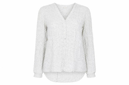 Front view of ESPRIT women’s white geometric viscose basic blouse, size UK 12, v-neck