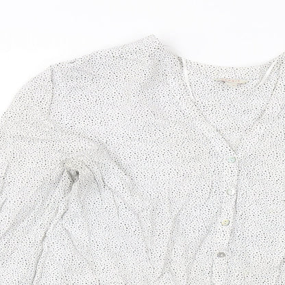 Close-up detail of ESPRIT women’s white geometric viscose basic blouse, size UK 12, v-neck