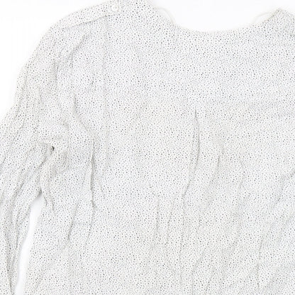 Brand and care label for ESPRIT women’s white geometric viscose basic blouse, size UK 12, v-neck