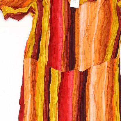 Close-up detail of Roman women’s multicoloured striped viscose a-line, size UK 12, square neck pullover
