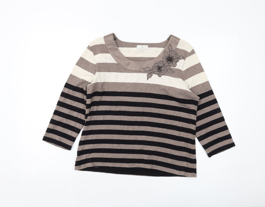 CC Womens Brown Striped Cotton Basic T-Shirt Size L Round Neck
