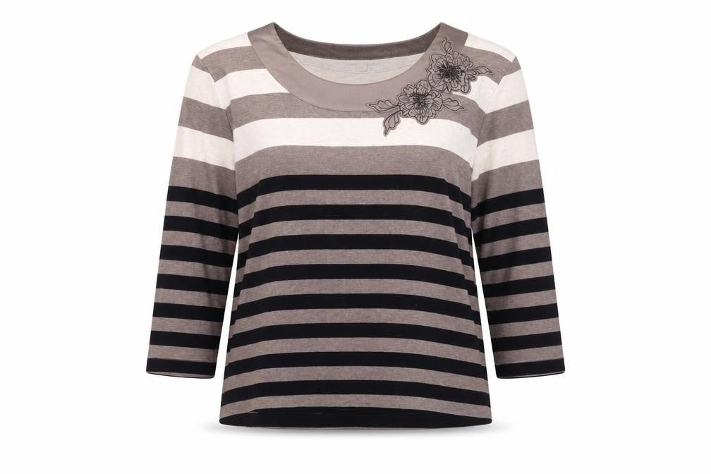 Country Casuals Womens Brown Striped Cotton Basic T-Shirt Size L Round Neck