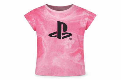 Front view of PlayStation girls’ pink polyester basic t-shirt, size 9-10, years crew neck pullover