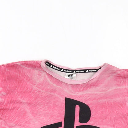 Close-up detail of PlayStation girls’ pink polyester basic t-shirt, size 9-10, years crew neck pullover