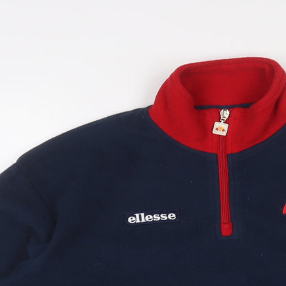 Close-up detail of Ellesse women’s blue polyester pullover sweatshirt, size UK 4, zip - logo, embroidered