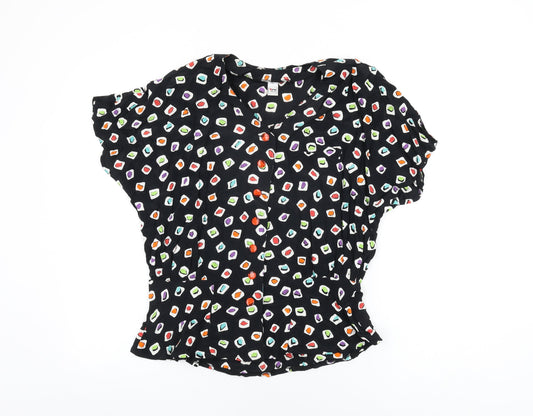 Tru Blouse Womens Black Geometric Viscose Basic Button-Up Size 14 V-Neck