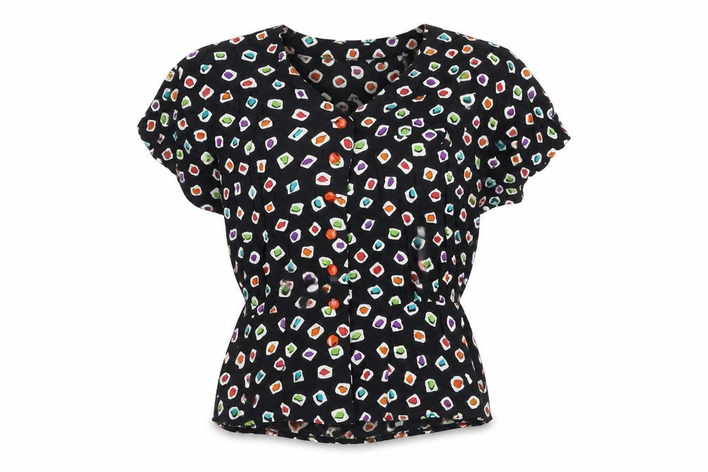 Tru Blouse Womens Black Geometric Viscose Basic Button-Up Size 14 V-Neck