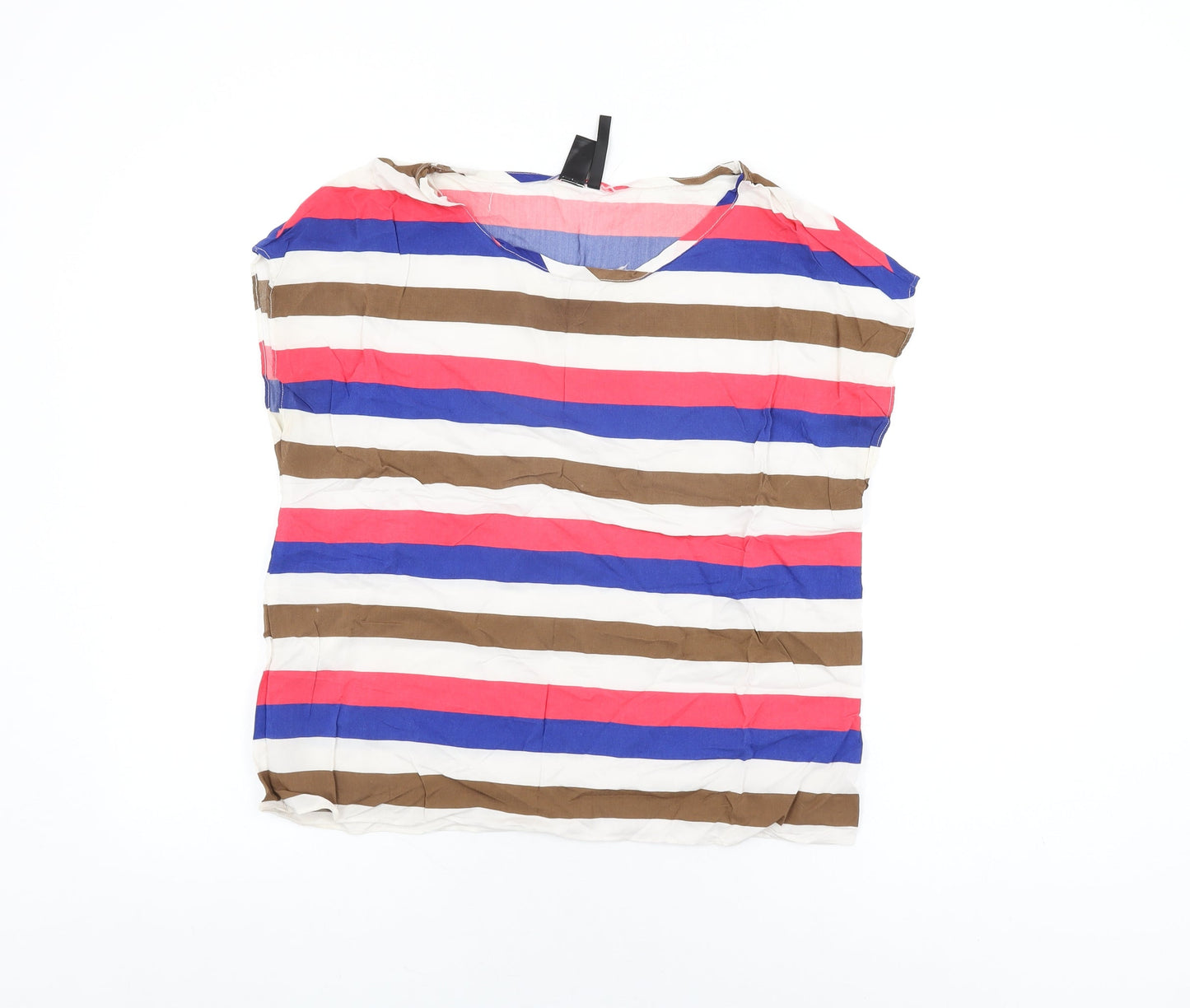 Mango Womens White Striped Viscose Basic T-Shirt Size L Round Neck