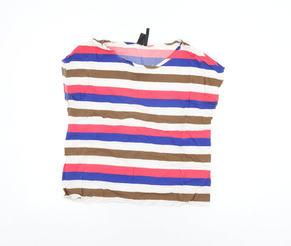 Mango Womens White Striped Viscose Basic T-Shirt Size L Round Neck
