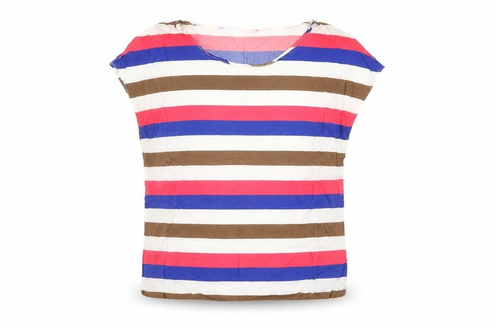 Mango Womens White Striped Viscose Basic T-Shirt Size L Round Neck