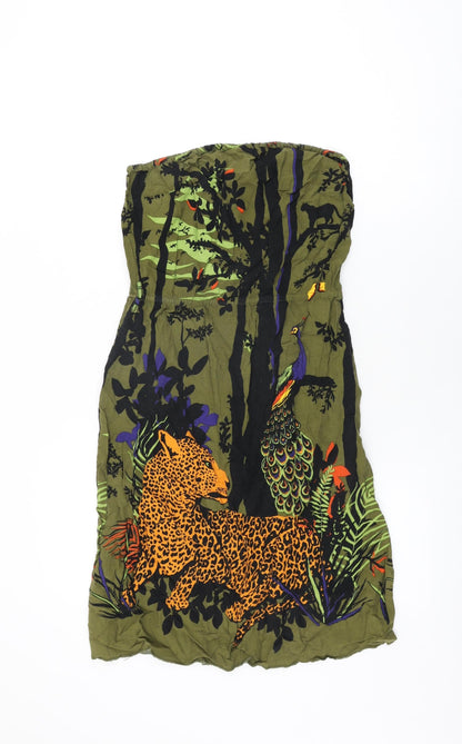 Preloved H&M Womens Green Geometric Viscose Shift Size 10 Off the Shoulder Pullover - Jungle, Leopard, Peacock Print - Front