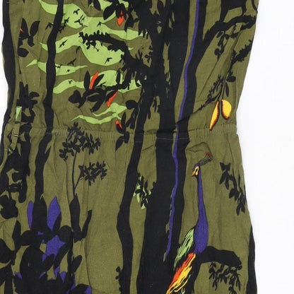 Preloved H&M Womens Green Geometric Viscose Shift Size 10 Off the Shoulder Pullover - Jungle, Leopard, Peacock Print - Label