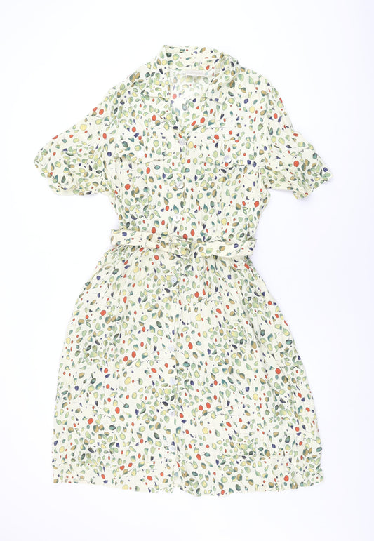 Formalities Womens Ivory Geometric Viscose A-Line Size 14 Collared Button - Belted