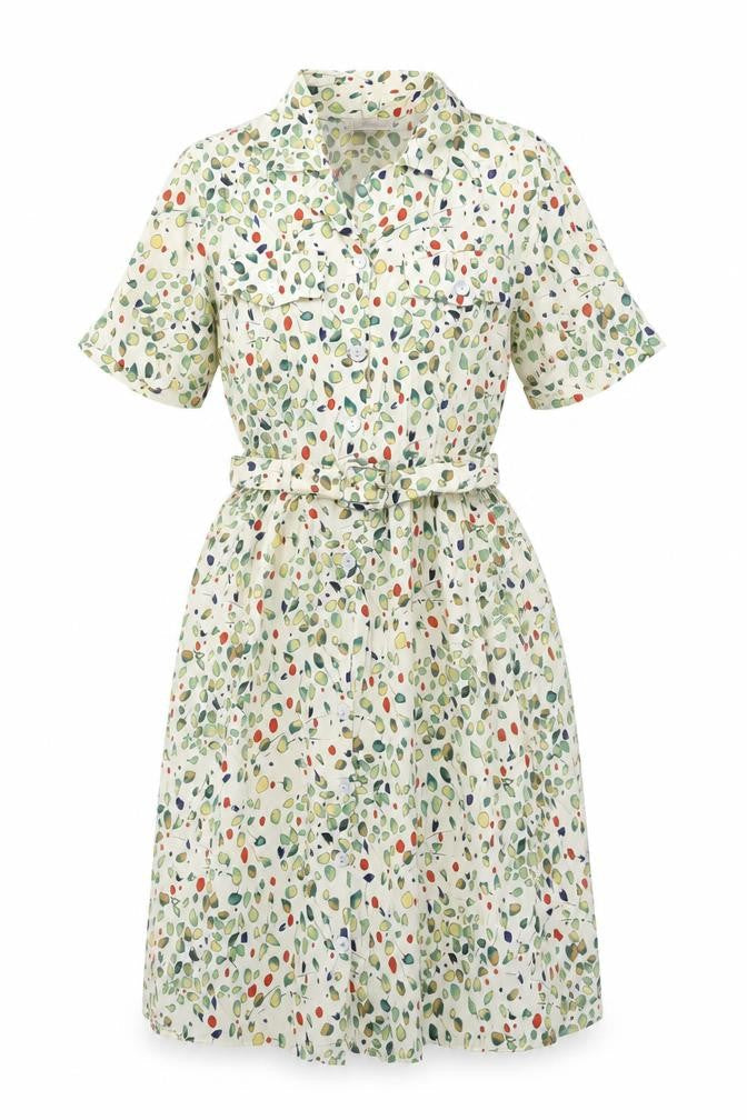 Formalities Womens Ivory Geometric Viscose A-Line Size 14 Collared Button - Belted