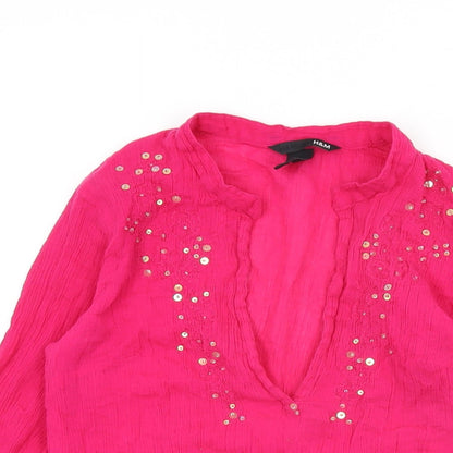 H&M Womens Pink Viscose Basic T-Shirt Size 6 V-Neck - Sequin Detail