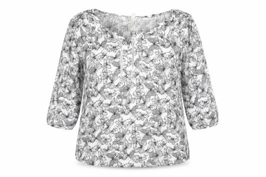 Grand & Greene Womens White Geometric Viscose Basic T-Shirt Size XL Round Neck - Butterfly Print