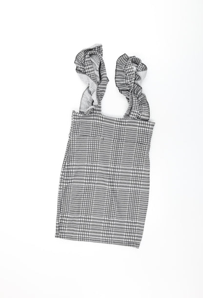 Boohoo Womens Grey Geometric Polyester Mini Size 8 Square Neck Pullover - Frill Detail