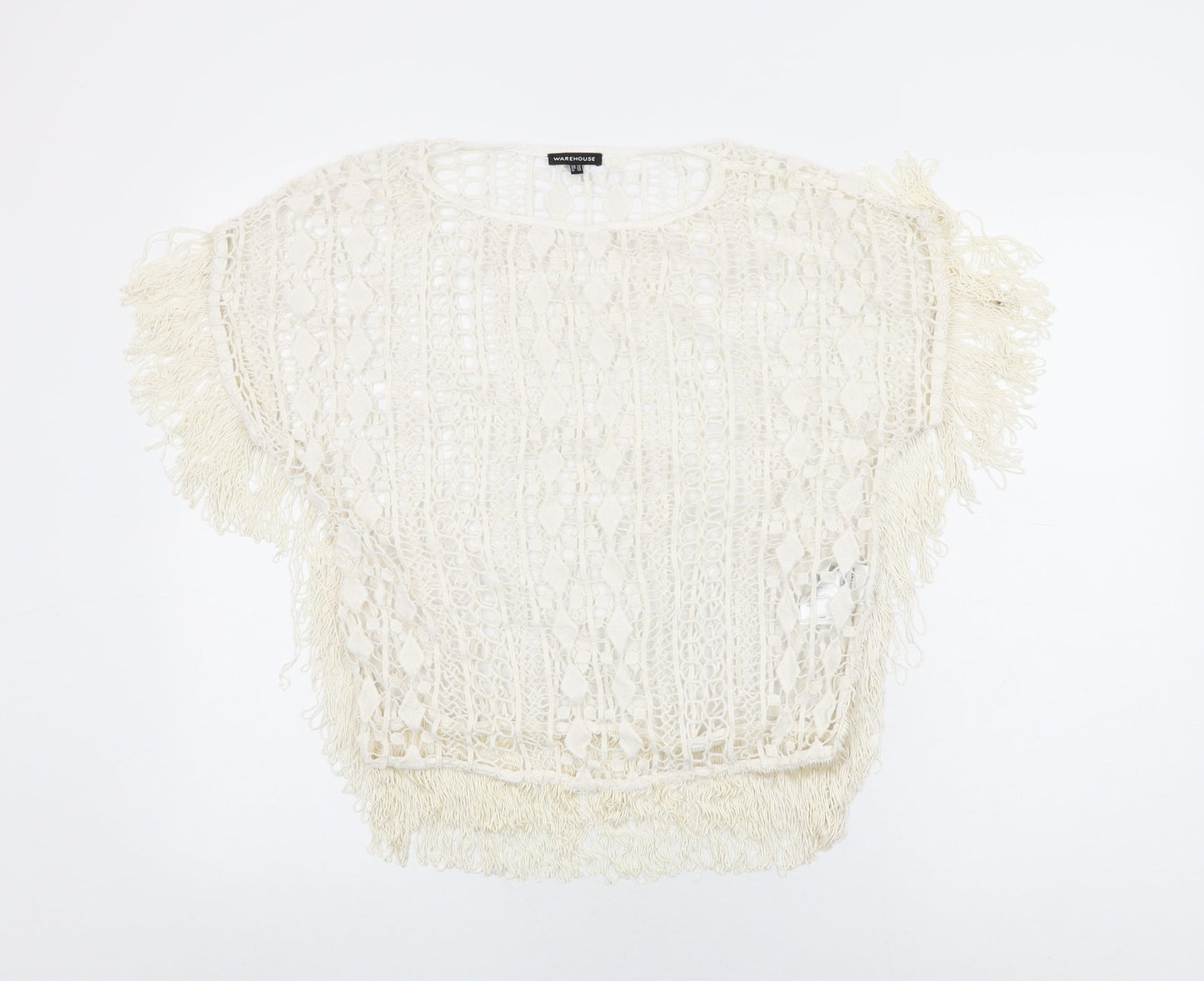 Warehouse Womens Ivory Geometric Cotton Basic T-Shirt Size 10 Round Neck - Tassles