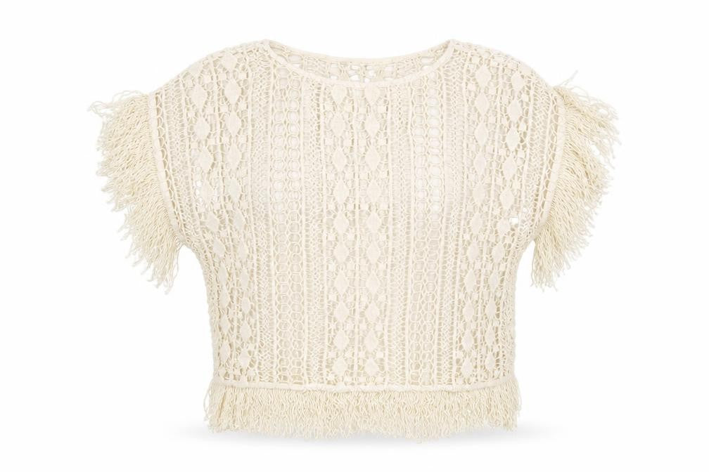 Warehouse Womens Ivory Geometric Cotton Basic T-Shirt Size 10 Round Neck - Tassles