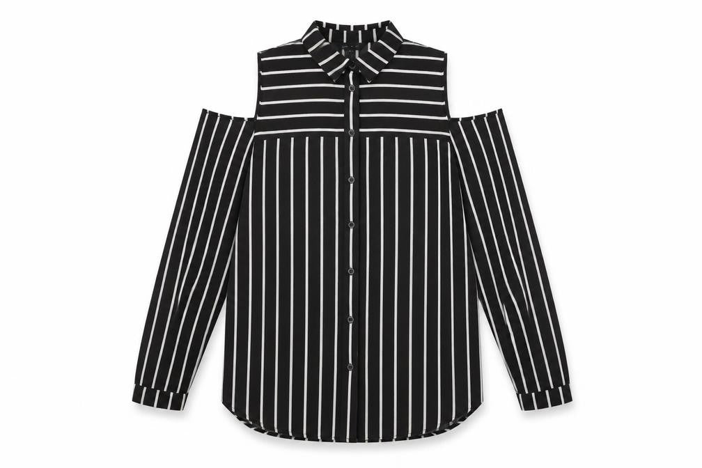 New Look Womens Black Striped Polyester Basic Button-Up Size 10 Collared
