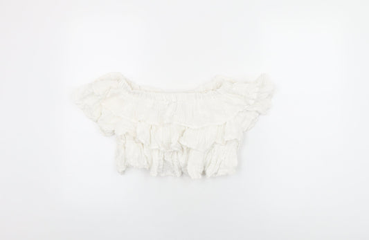 Topshop Womens White Cotton Cropped T-Shirt Size 6 Off the Shoulder - Frill Detail