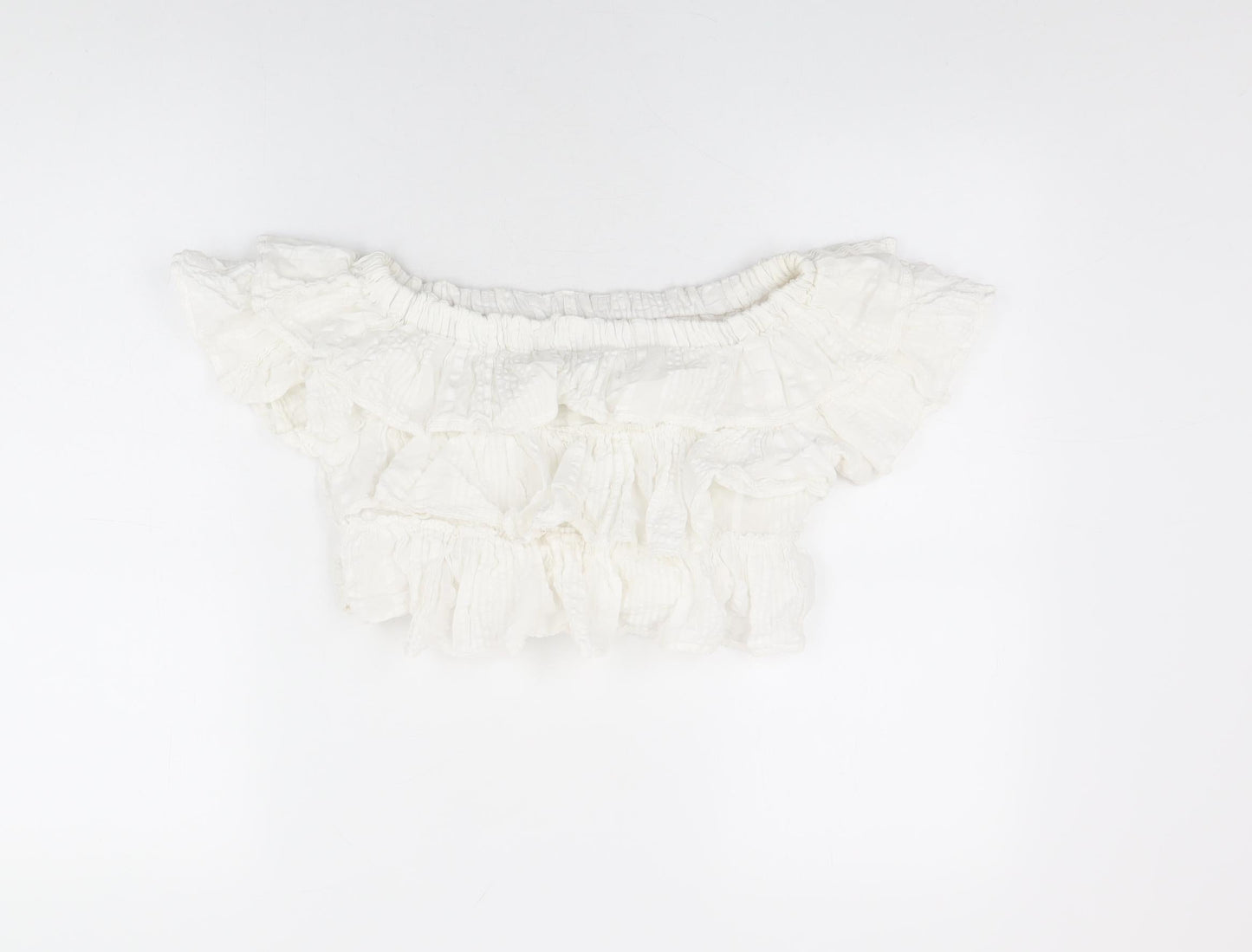 Topshop Womens White Cotton Cropped T-Shirt Size 6 Off the Shoulder - Frill Detail