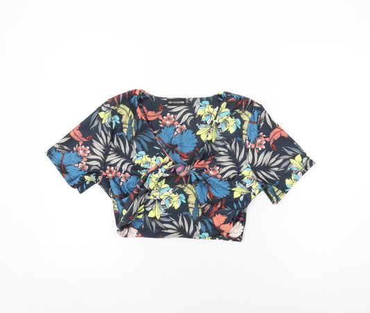 PRETTYLITTLETHING Womens Blue Floral Polyester Cropped T-Shirt Size 16 V-Neck