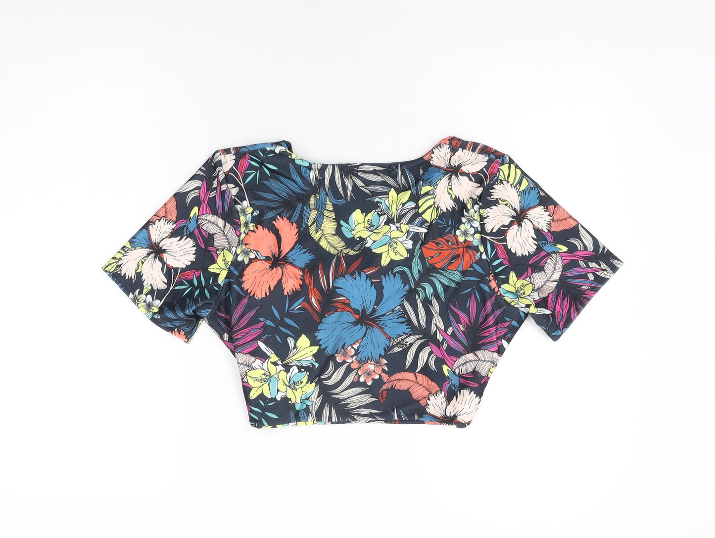 PRETTYLITTLETHING Womens Blue Floral Polyester Cropped T-Shirt Size 16 V-Neck