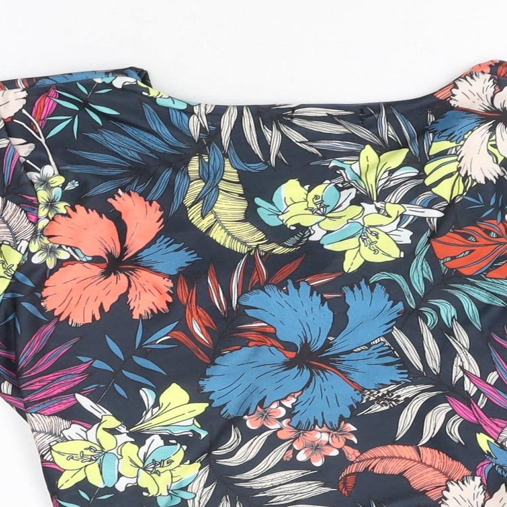 PRETTYLITTLETHING Womens Blue Floral Polyester Cropped T-Shirt Size 16 V-Neck