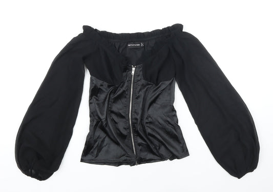 PRETTYLITTLETHING Womens Black Polyester Blend Cropped Blouse Size 4 Square Neck