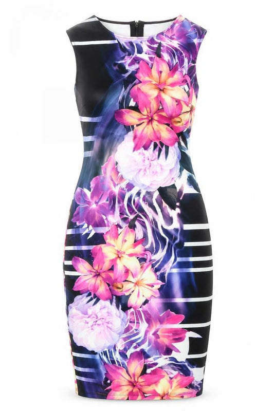 Lipsy Womens Multicoloured Floral Polyester Pencil Dress Size 10 Boat Neck Zip