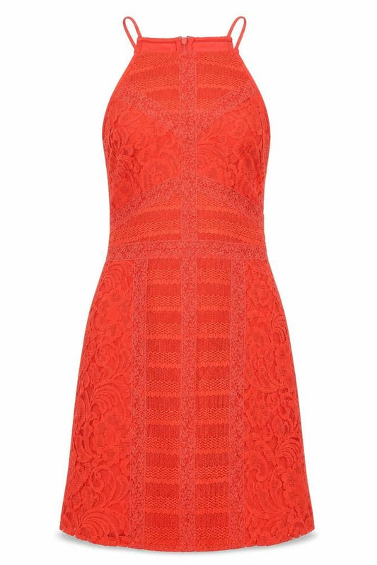 Topshop Womens Red Polyester Blend Pencil Dress Size 12 Square Neck Zip - Lace Overlay
