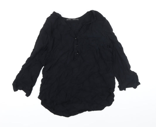 Zara Womens Black Viscose Tunic Blouse Size L V-Neck
