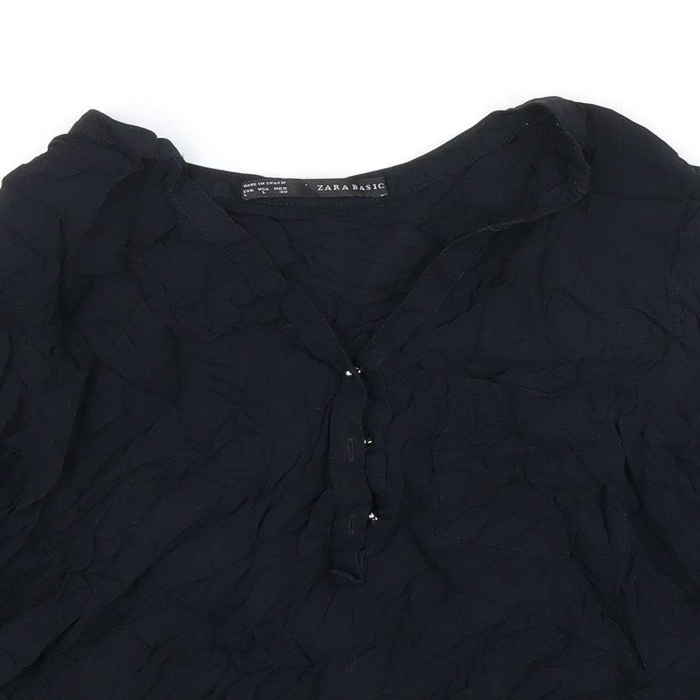 Zara Womens Black Viscose Tunic Blouse Size L V-Neck