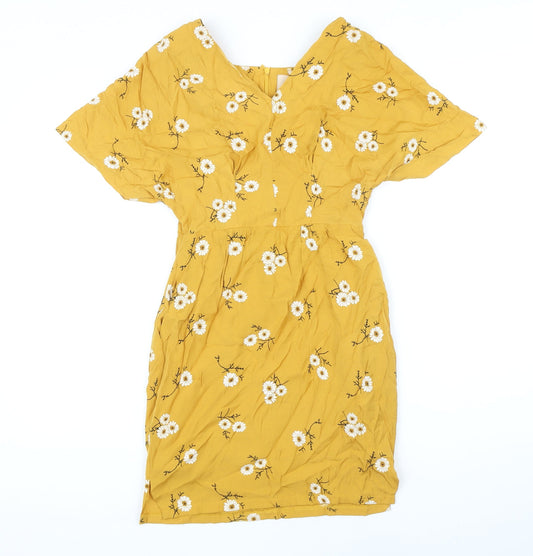 lep Womens Yellow Floral Polyester Blend Mini Size S V-Neck Zip