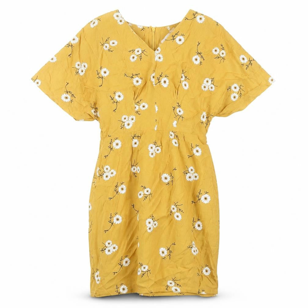 lep Womens Yellow Floral Polyester Blend Mini Size S V-Neck Zip