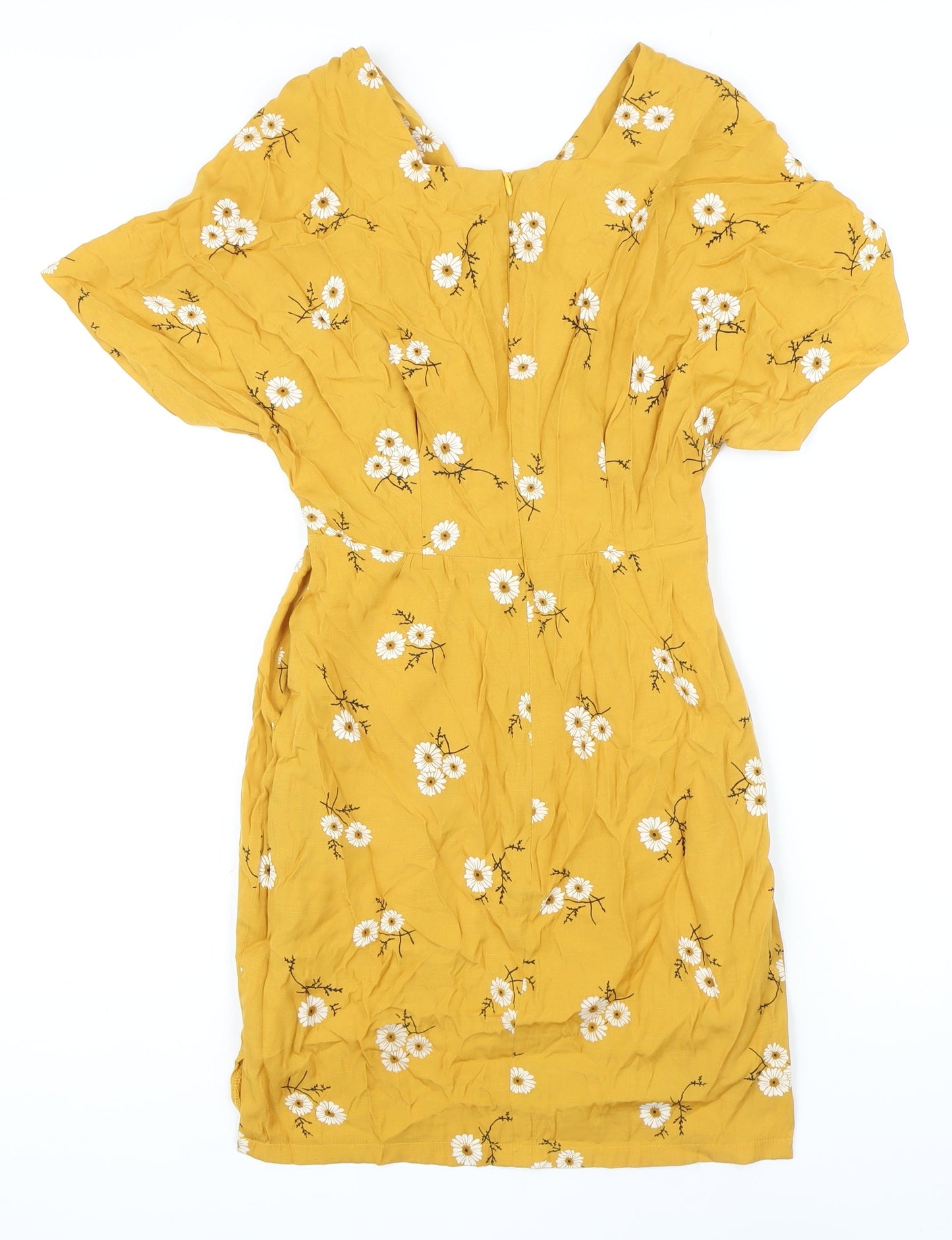 lep Womens Yellow Floral Polyester Blend Mini Size S V-Neck Zip