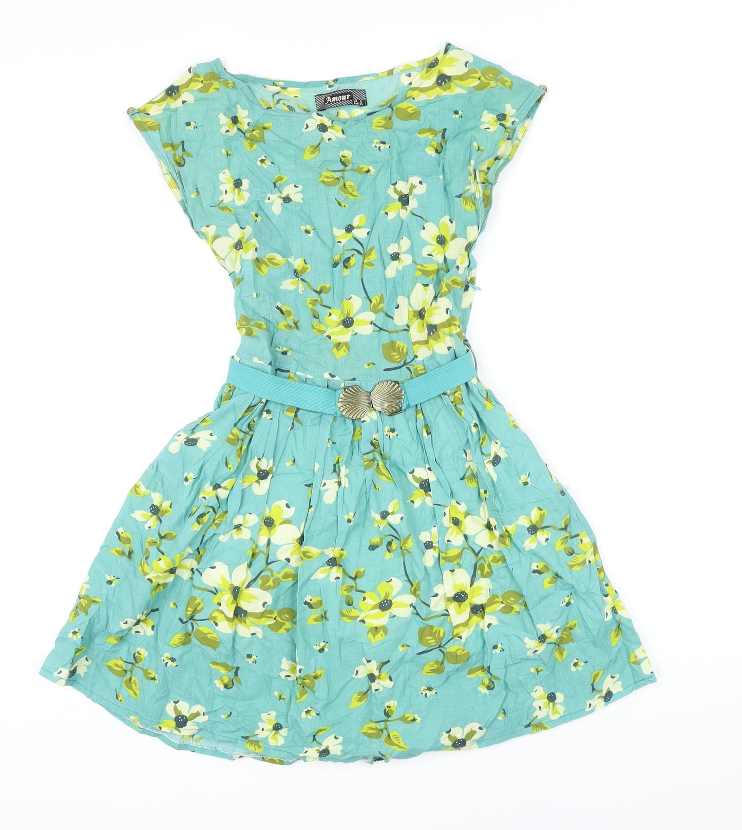 Amour Womens Ivory Floral 100% Cotton A-Line Size 8 Boat Neck