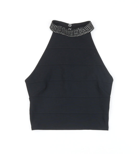 New Look Womens Black Polyester Cropped Blouse Size 6 Mock Neck