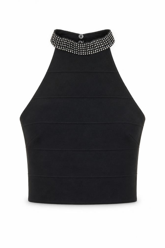 New Look Womens Black Polyester Cropped Blouse Size 6 Mock Neck