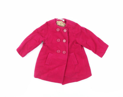 Additional front view of Zara girls’ pink basic coat coat, size 9-12, months button