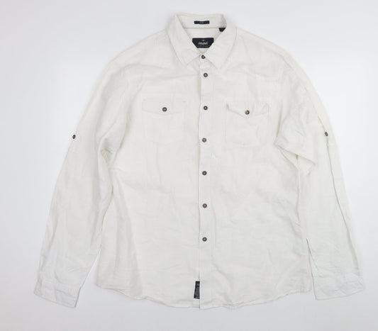 Mavi Mens White Linen Button-Up Size XL Collared Button