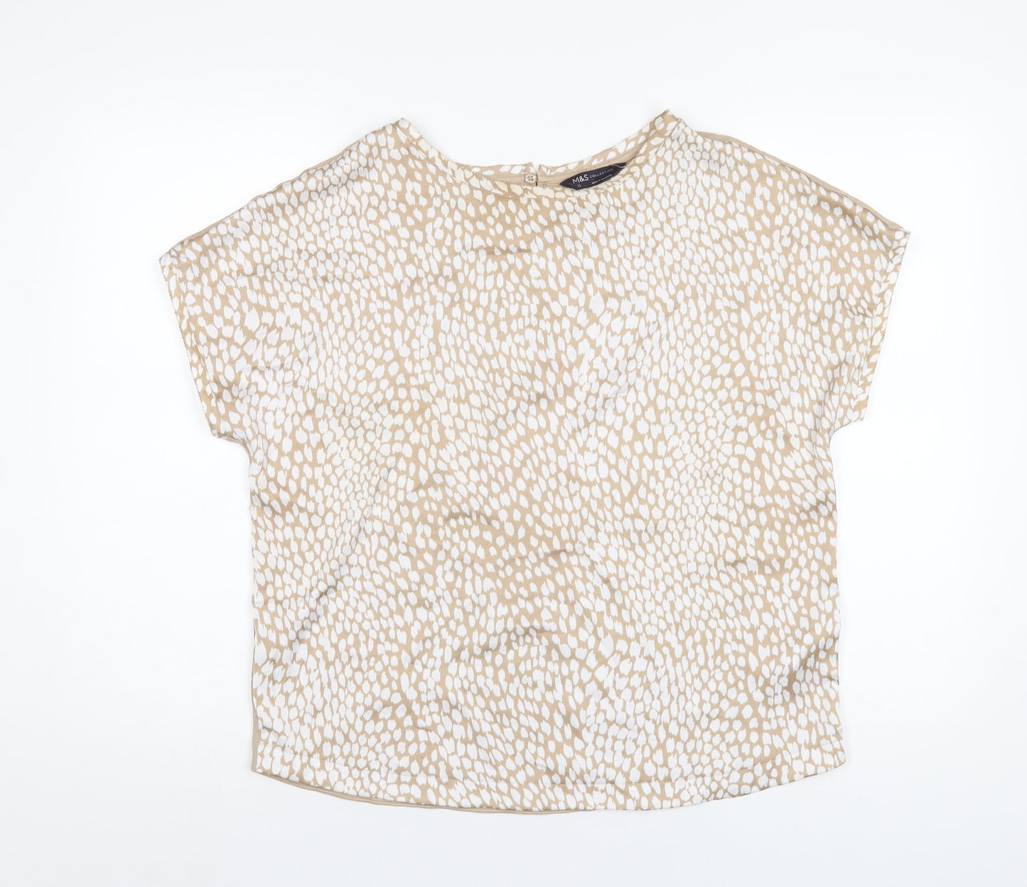 Marks and Spencer Womens Beige Geometric Polyester Basic T-Shirt Size 12 Round Neck