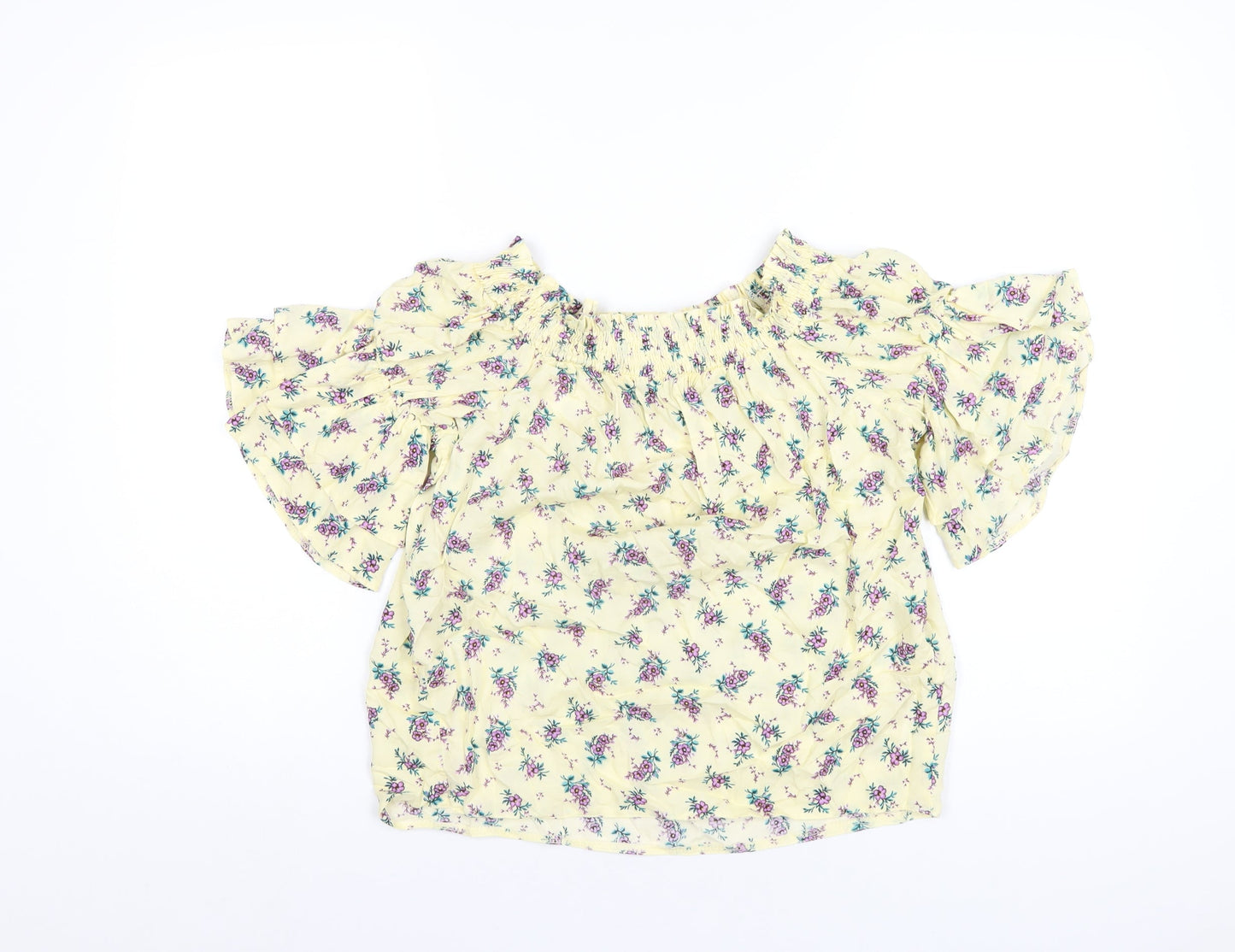 New Look Womens Yellow Floral Viscose Basic T-Shirt Size 8 Off the Shoulder