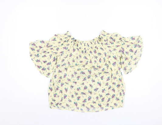 New Look Womens Yellow Floral Viscose Basic T-Shirt Size 8 Off the Shoulder