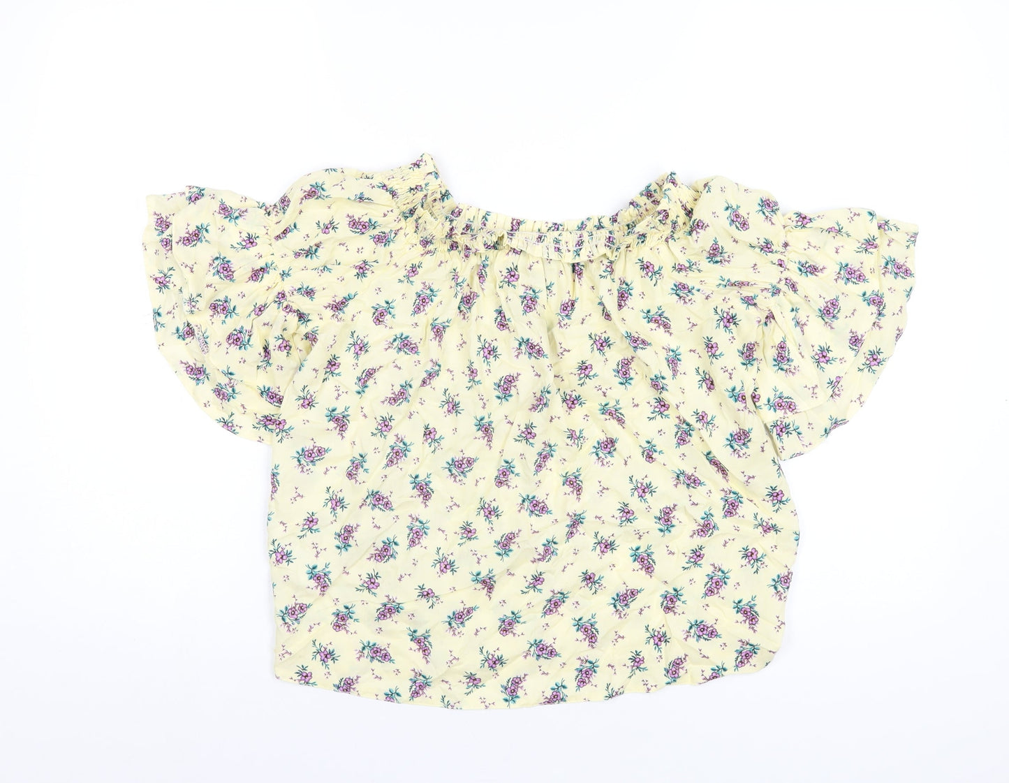 New Look Womens Yellow Floral Viscose Basic T-Shirt Size 8 Off the Shoulder